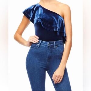 Good American Ruffle One-Shoulder Velvet Bodysuit